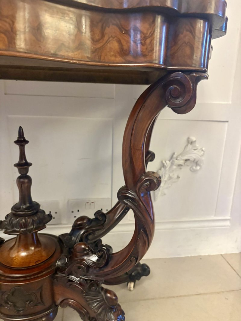 Antique Exceptional Quality Victorian Burr Walnut Card Table/Console Table with Carved Basket Base - Image 12